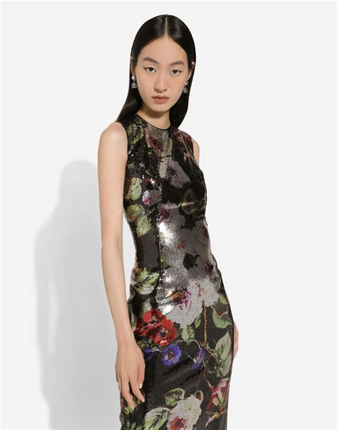 dolce gabbana rose print dress|Long sequined dress with rose garden print .